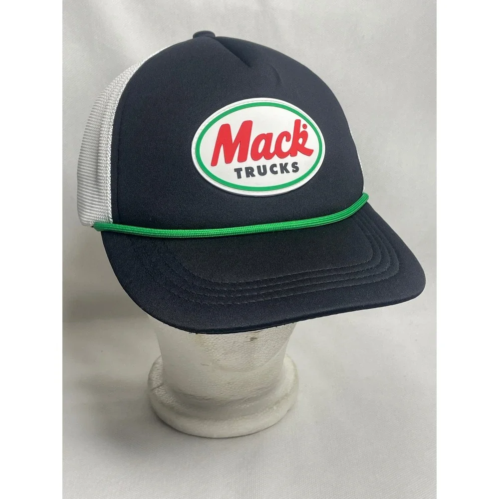 Mack Trucks Rubber Patch Trucker Cap Mesh Adjustable SnapBack White Black Hat